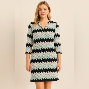 Karen Kane Chevron Knit Shift Dress 3/4 Sleeve Black Mint White Size Large
